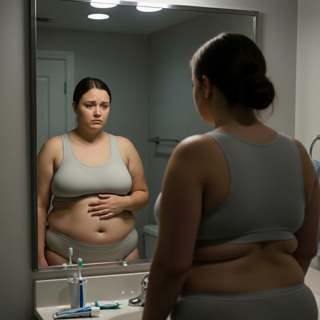 Mulher olhando no espelho com expressão preocupada